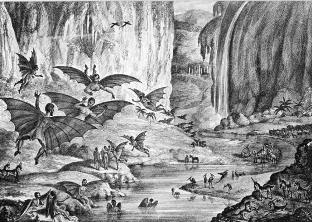 Така изглеждала лунната повърхност, според серия от "научно" популярни анонимни статии, публикувани в американската преса през 1835. Статиите са дело на Ричард Лок, а цялата афера е известна като "Великата Лунна измама".